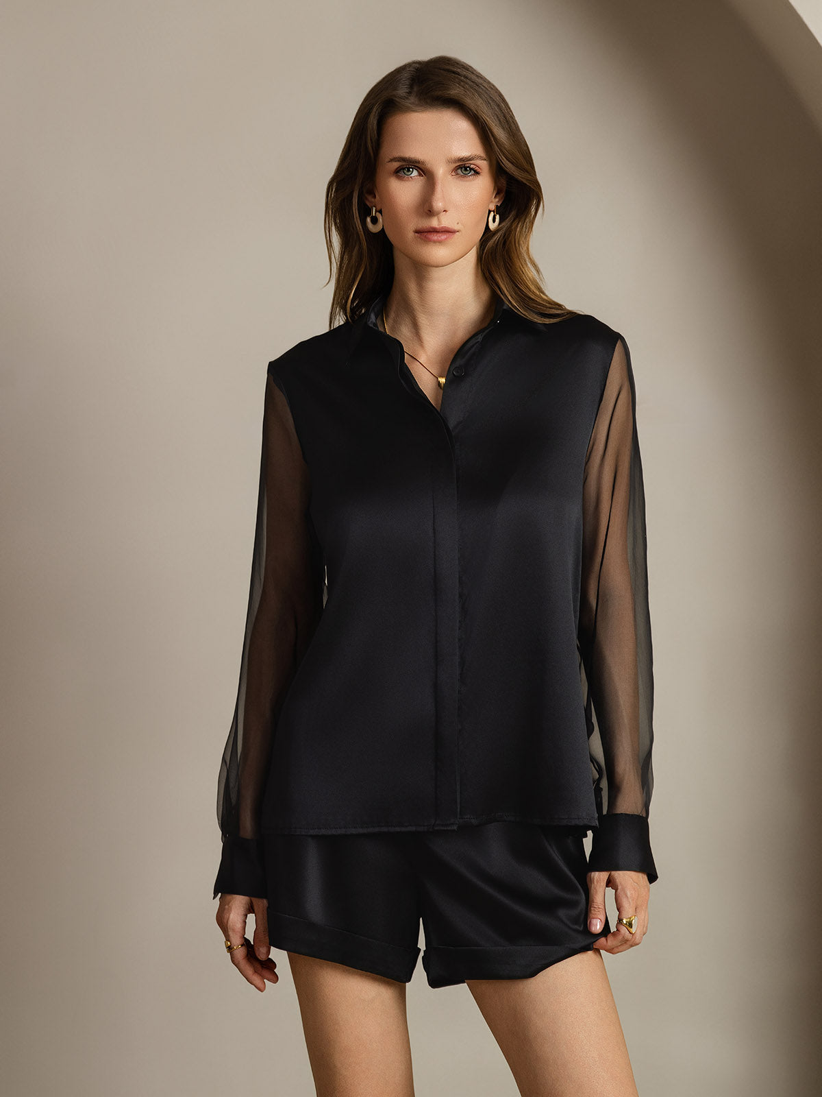 [Nero] SilkSilky-IT 19Momme Seta Colletto risvolto Camicie da donna 001