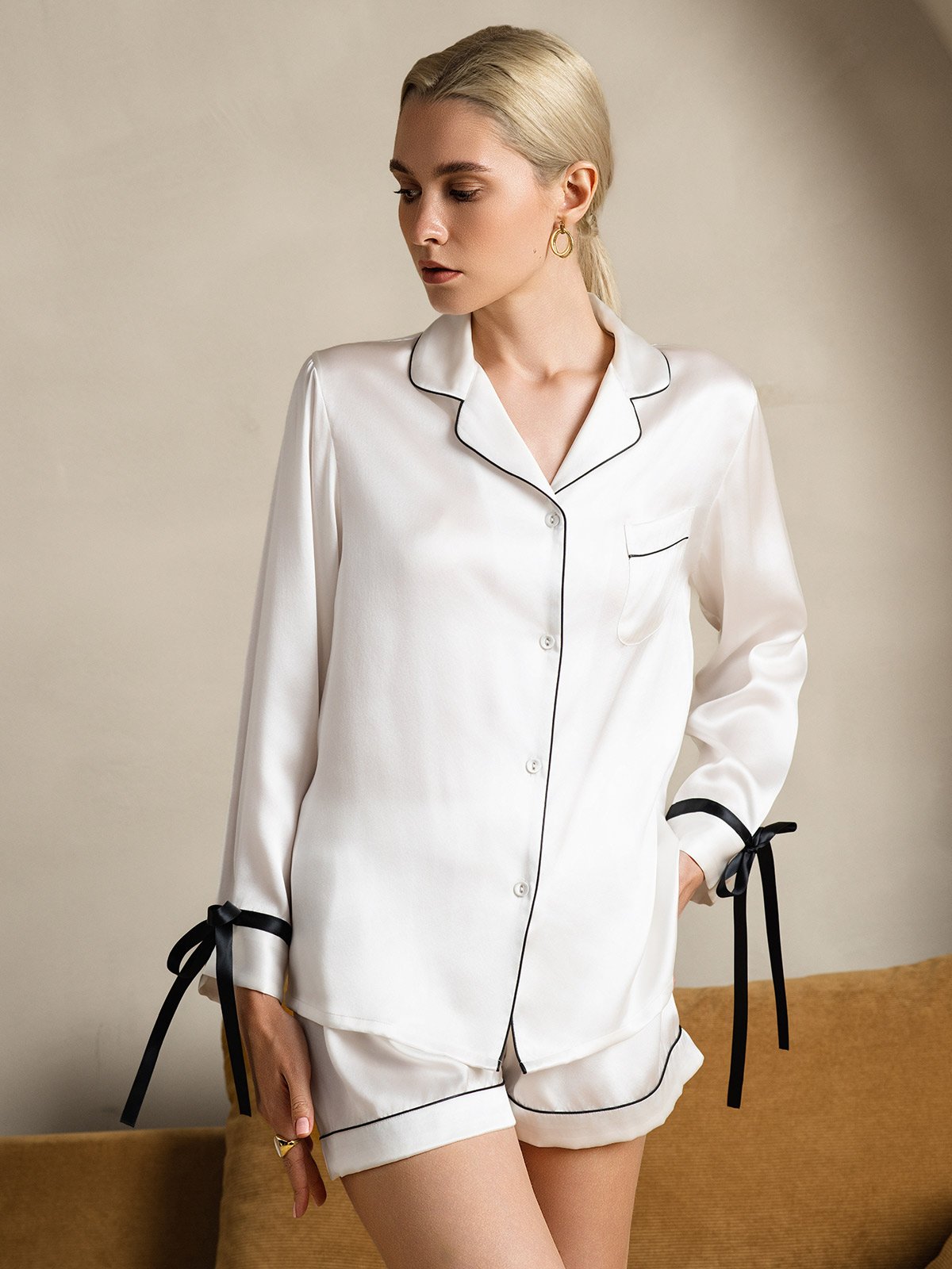 [Bianco] SilkSilky-IT Seta pura Manica lunga Collo risvolto dentellato Pigiami da donna 001