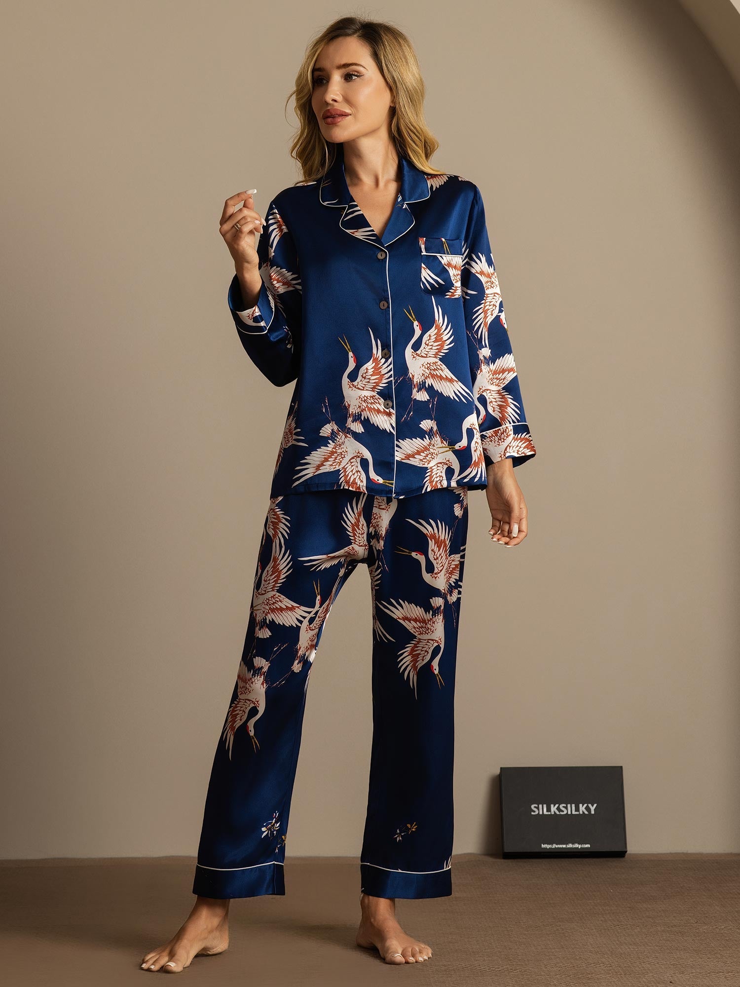 [Blu Scuro] SilkSilky-IT 19Momme Seta pura Womens Pajamas 003,