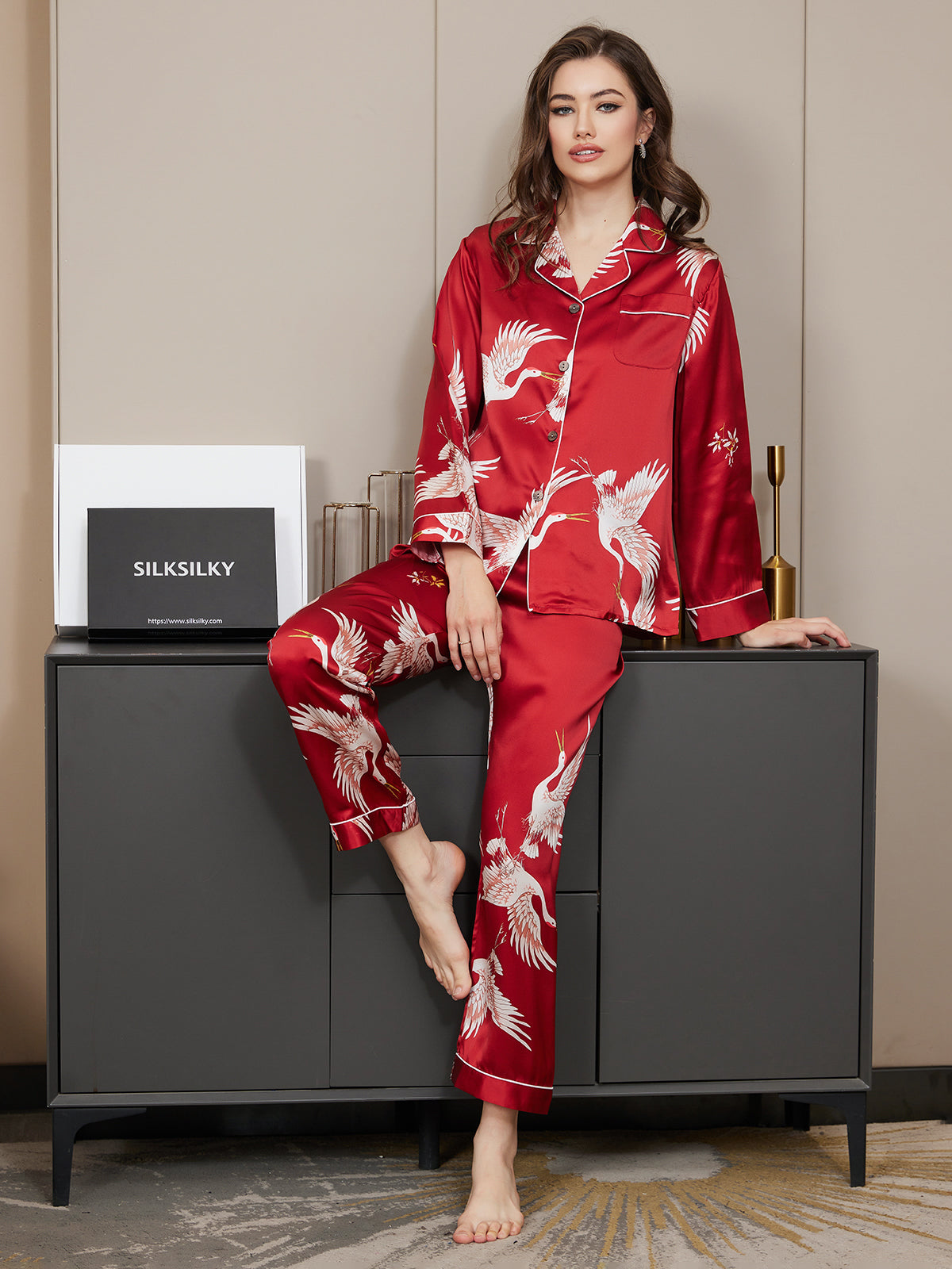 [Rosso Scuro] SilkSilky-IT 19Momme Seta pura Womens Pajamas 001