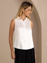 [Bianco] SilkSilky-IT Sleeveless Lapel Collar Camicie da donna 001