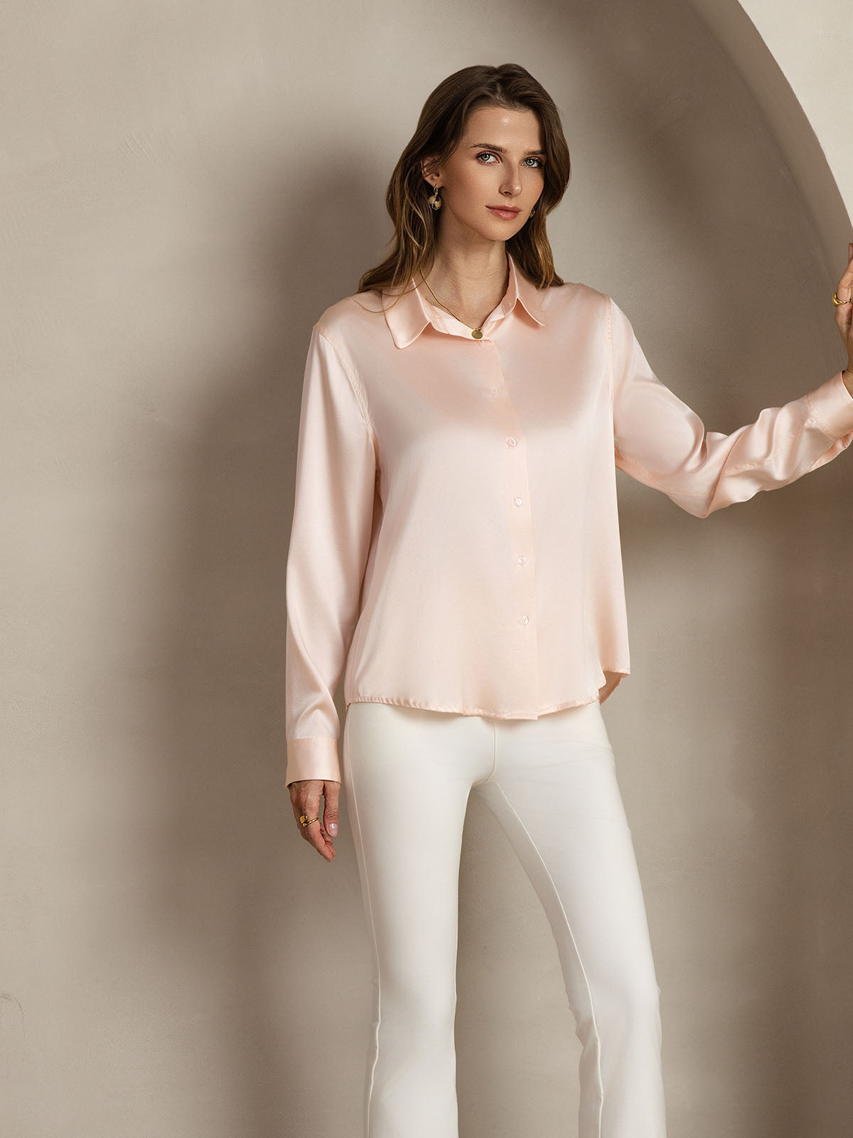 [Rosa Chiaro] SilkSilky-IT Seta Colletto risvolto Camicie da donna 007