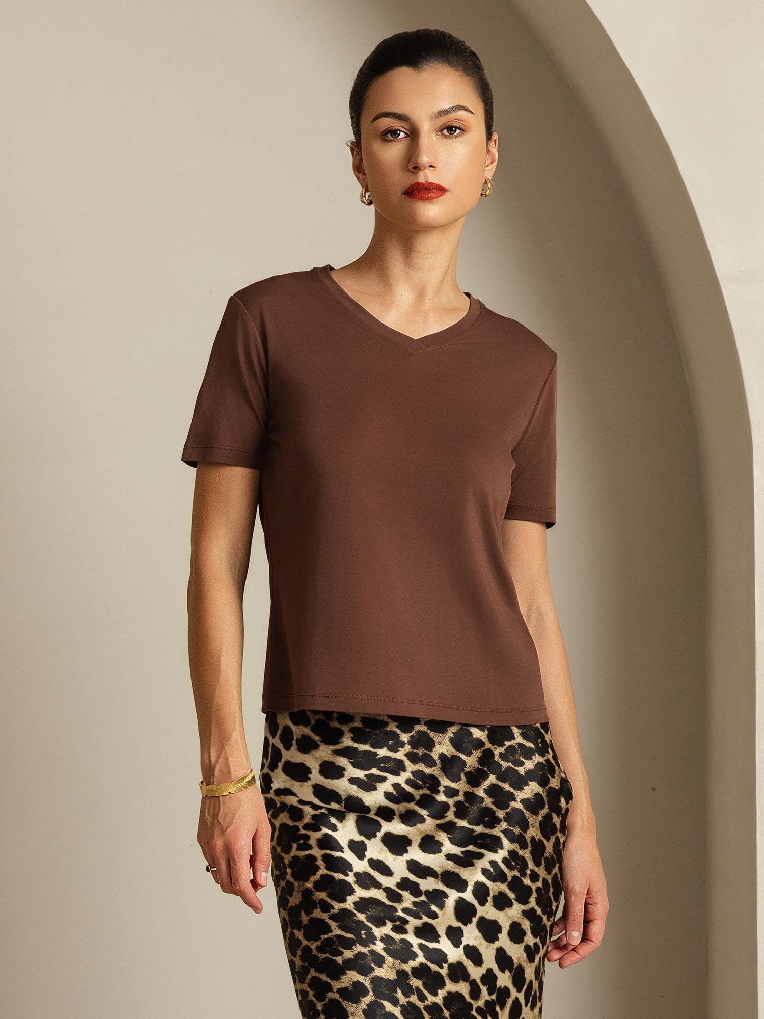 [Caffè] SilkSilky-IT Seta pura Womens T-Shirt 001