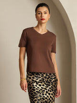 [Caffè] SilkSilky-IT Short Sleeve V Neck Magliette donna 001