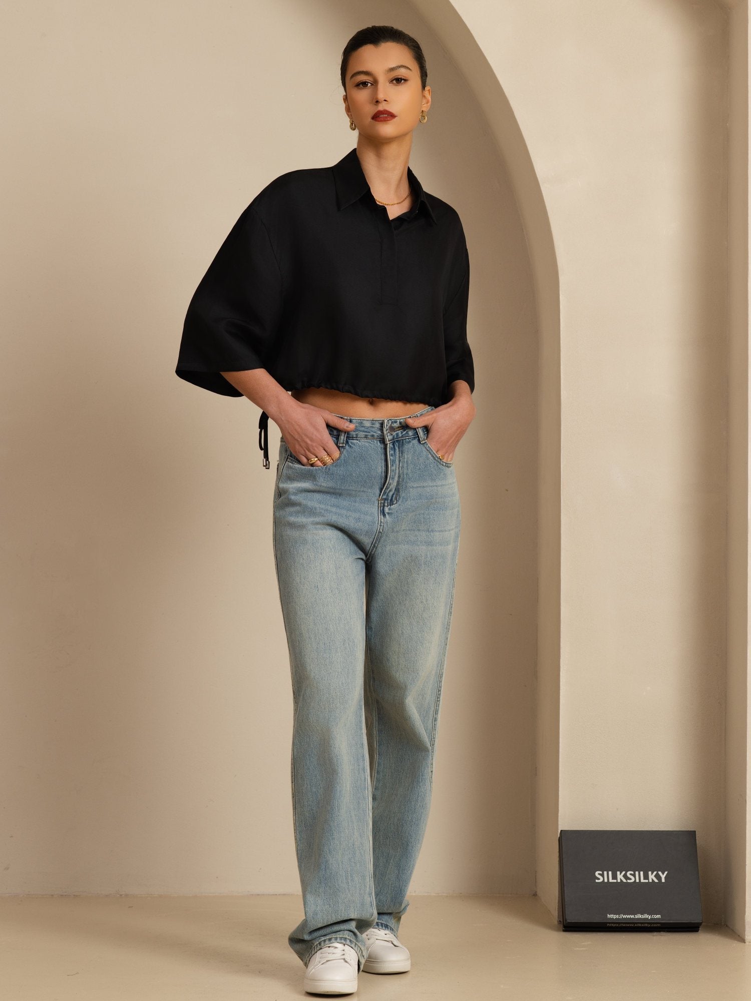 [Nero] SilkSilky-IT 18Momme Manga media Colletto con Revers Camicette 007