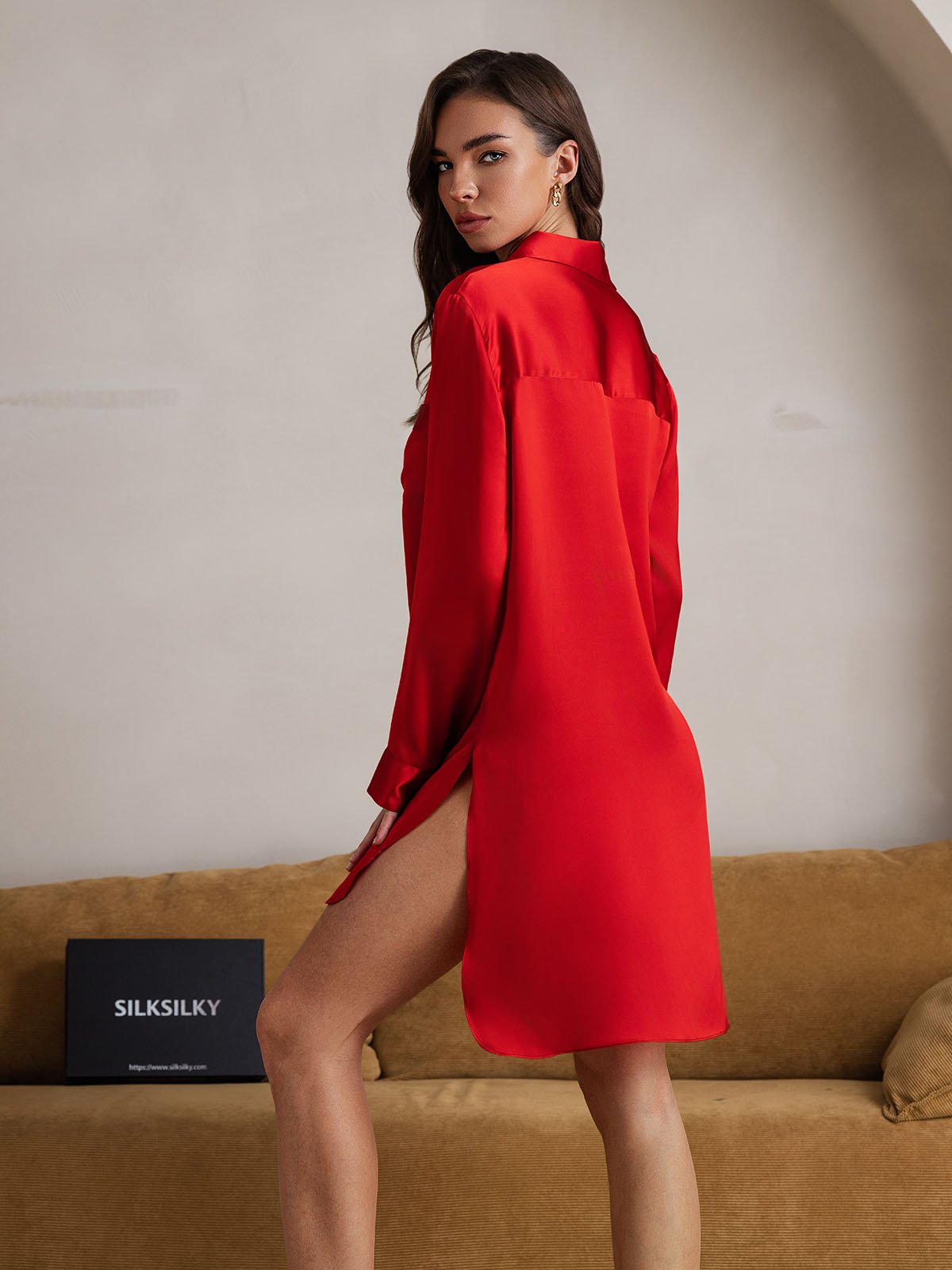 [Rosso] SilkSilky-IT Seta pura Colletto risvolto Camicia da notte 002