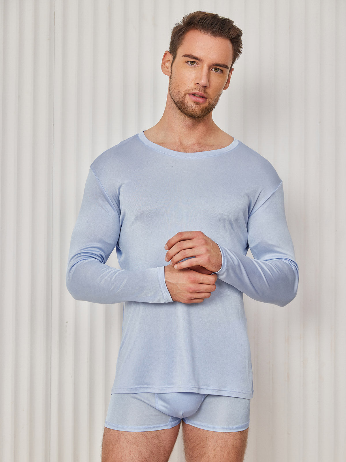 [Azzurro] SilkSilky-IT Maglia di seta Mens T-Shirt 003