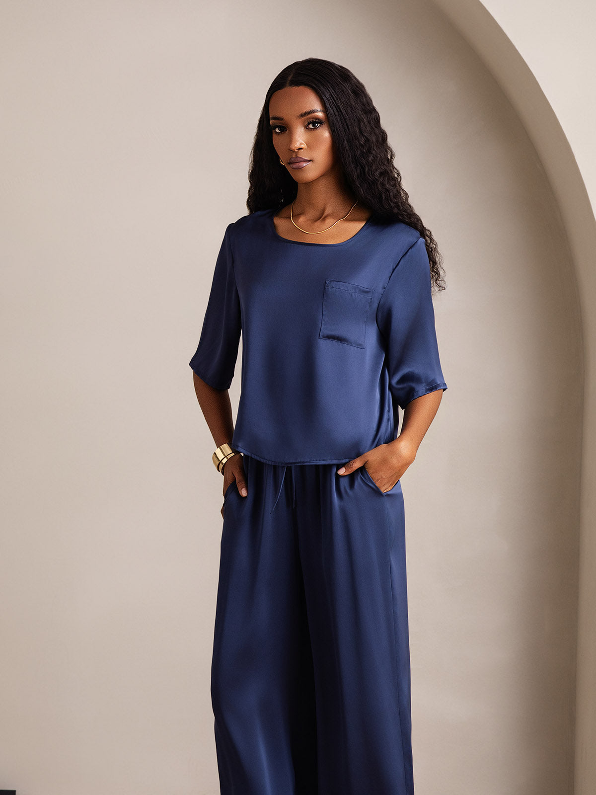 [Blu Scuro] SilkSilky-IT Seta pura Womens Pajamas 003