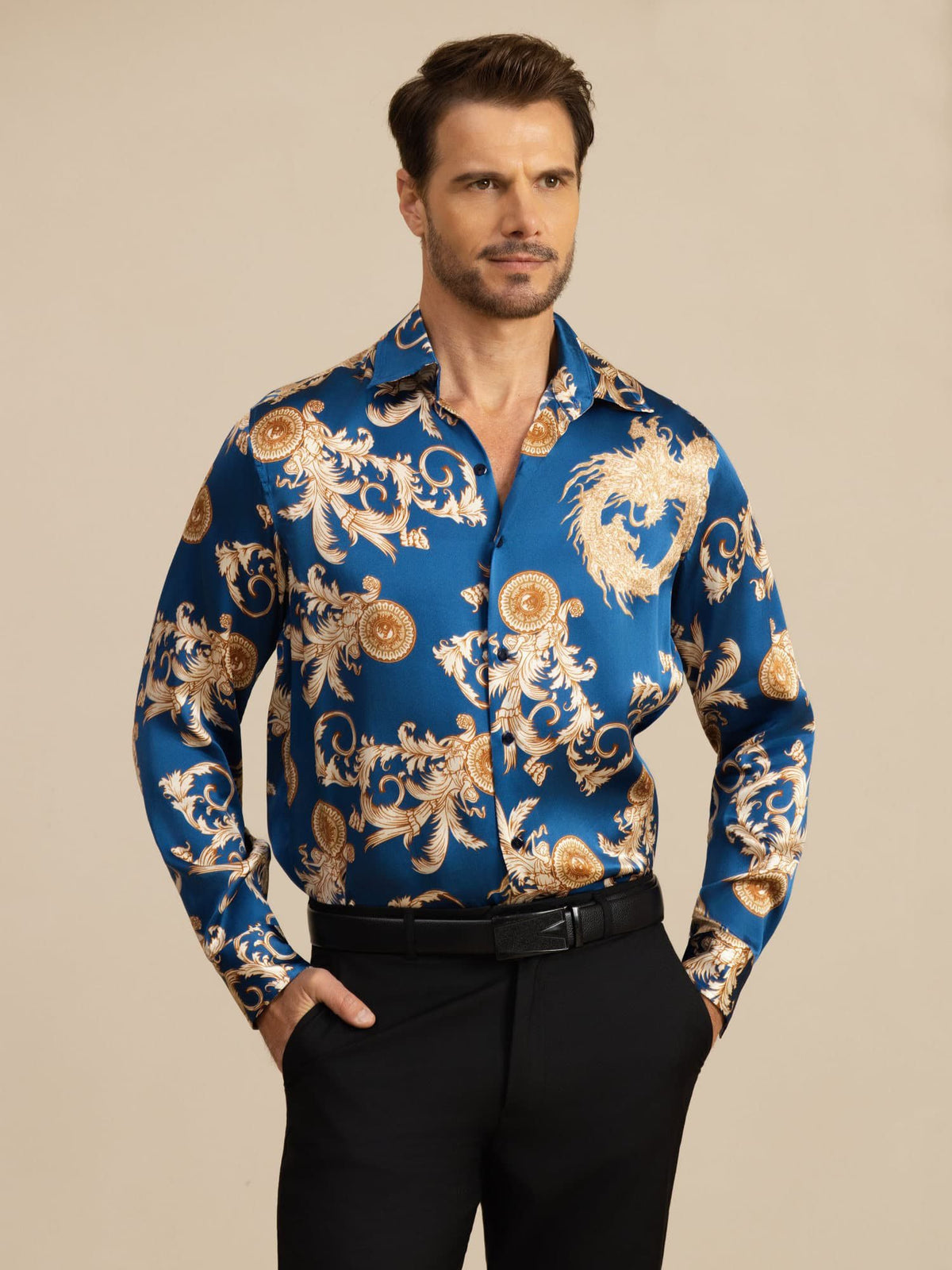 [Drago Navy] SilkSilky-IT Long Sleeve Lapel Collar Camicia da uomo 001