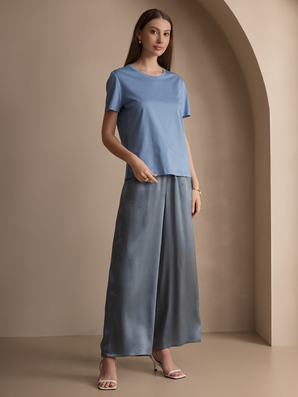 [Blu] SilkSilky-IT Maglia di seta Maniche Corte Round Neck Magliette donna 003
