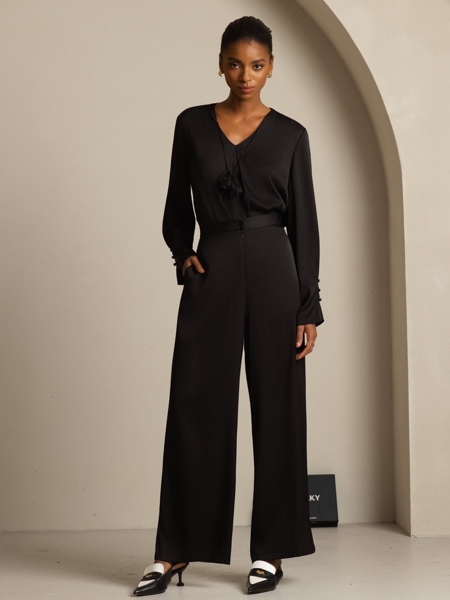 [Nero] SilkSilky-IT 19Momme Seta Manica lunga Scollo a V Camicette 007