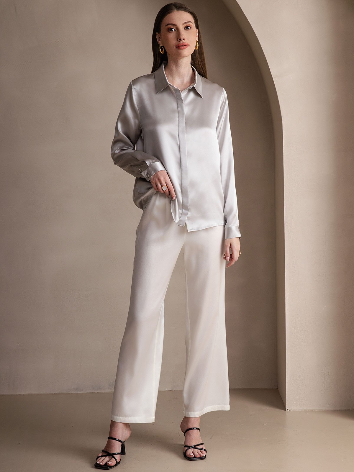 [Grigio Chiaro] SilkSilky-IT 19Momme Seta Manica lunga Colletto risvolto Camicie da donna 006