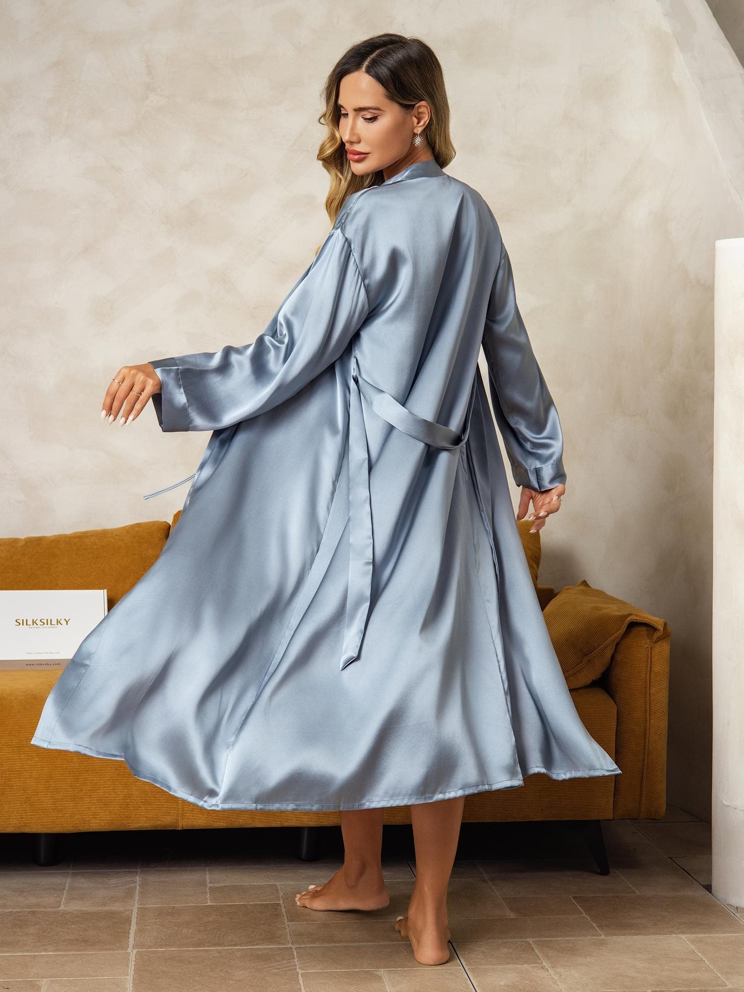 [Blu Grigiastro] SilkSilky-IT Seta pura Nightgown&Robe Set 003