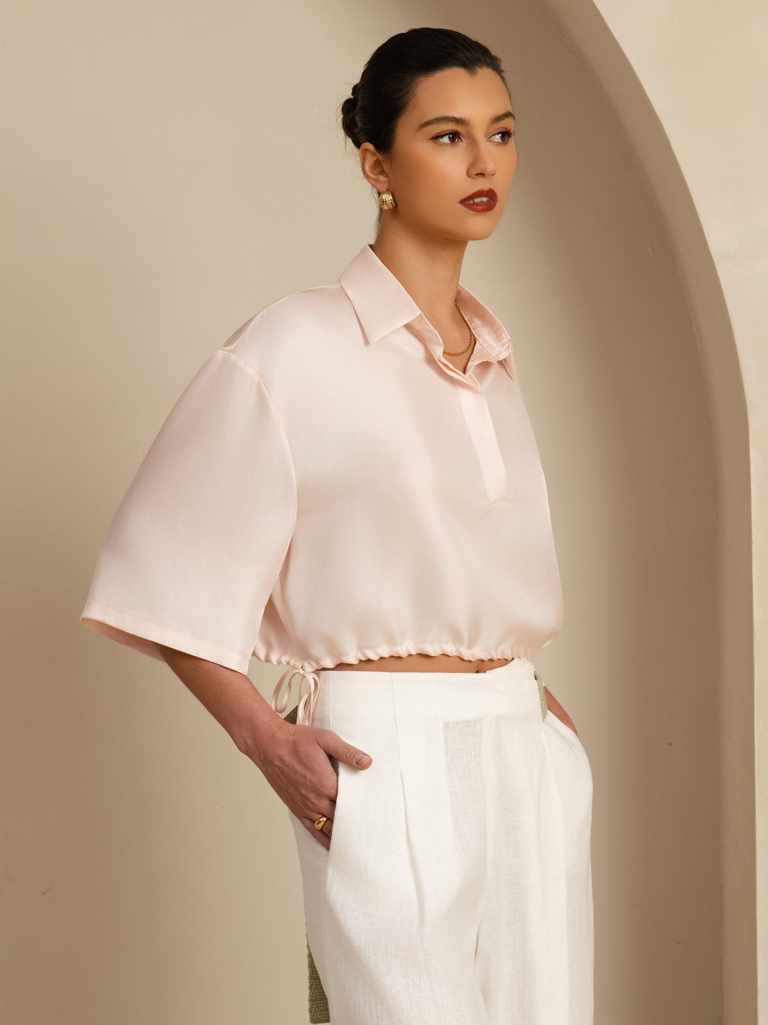 [Rosa] SilkSilky-IT 18Momme Manga media Colletto con Revers Camicette 004