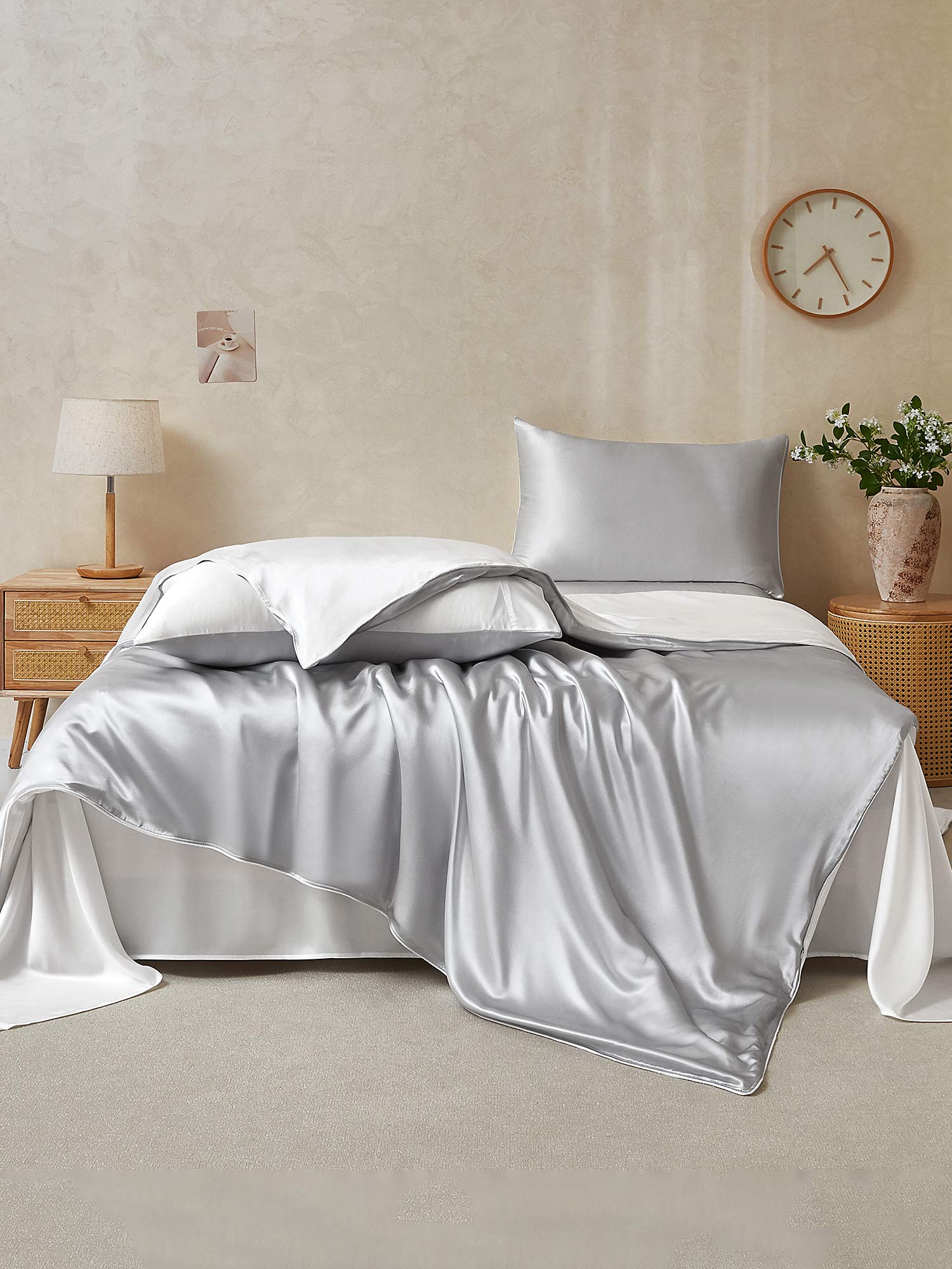 [GrigioChiaro+Bianco] SilkSilky-IT 22Momme Seta pura Bedding Set 002,