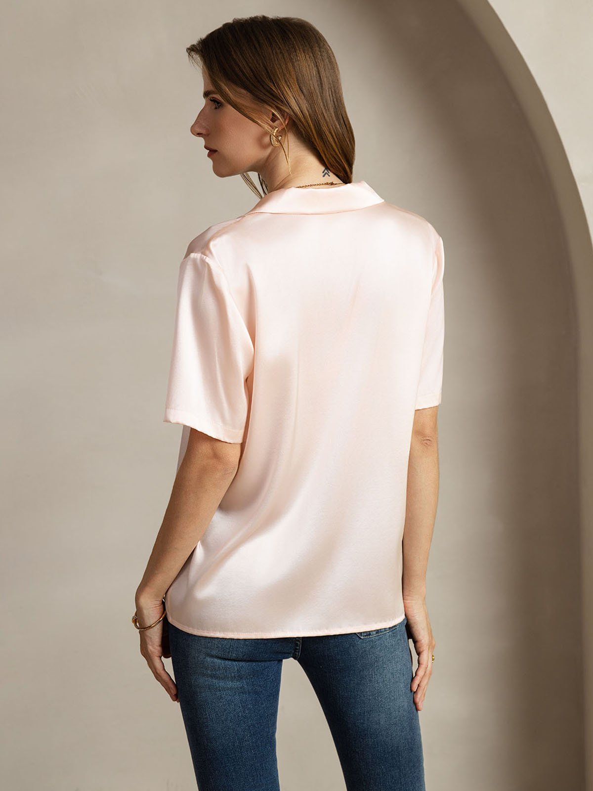 [Rosa] SilkSilky-IT 19Momme Seta Scollo a V dentellato Camicie da donna 002