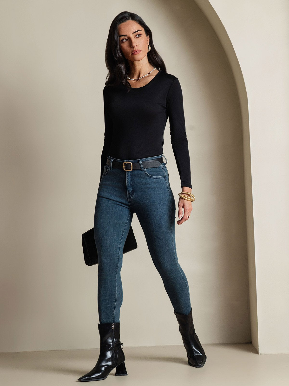 [Nero] SilkSilky-IT Manica lunga Scollo rotondo Magliette donna 007