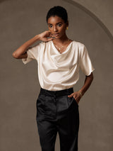 [Beige] SilkSilky-IT Short Sleeve Cowl Neck Bluse 004