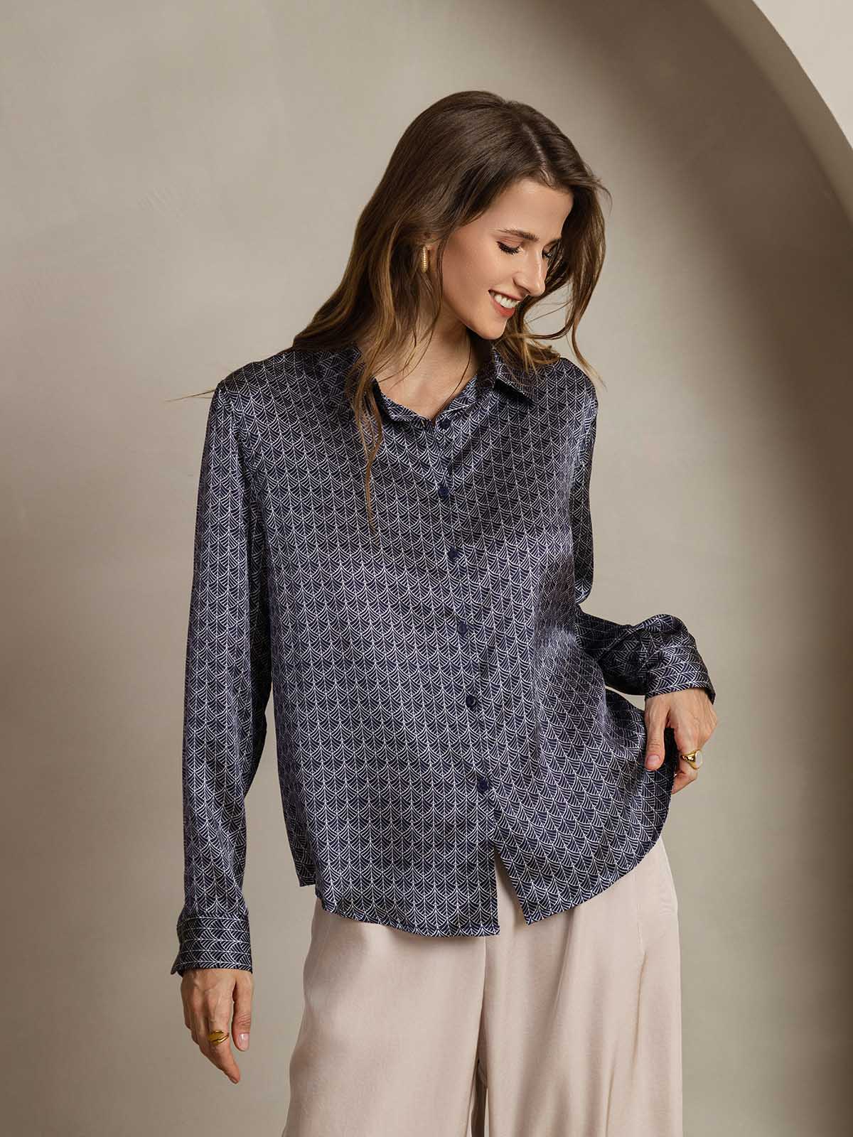 [Ginkgo Blu Navy] SilkSilky-IT Seta Colletto risvolto Camicie da donna 005