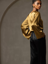 [Marrone] SilkSilky-IT Long Sleeve Boat Neck Camicette 006