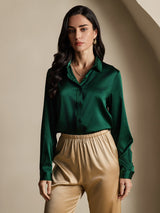 [Verde Scuro] SilkSilky-IT 19Momme Manica lunga Colletto con Revers Camicie da donna 006