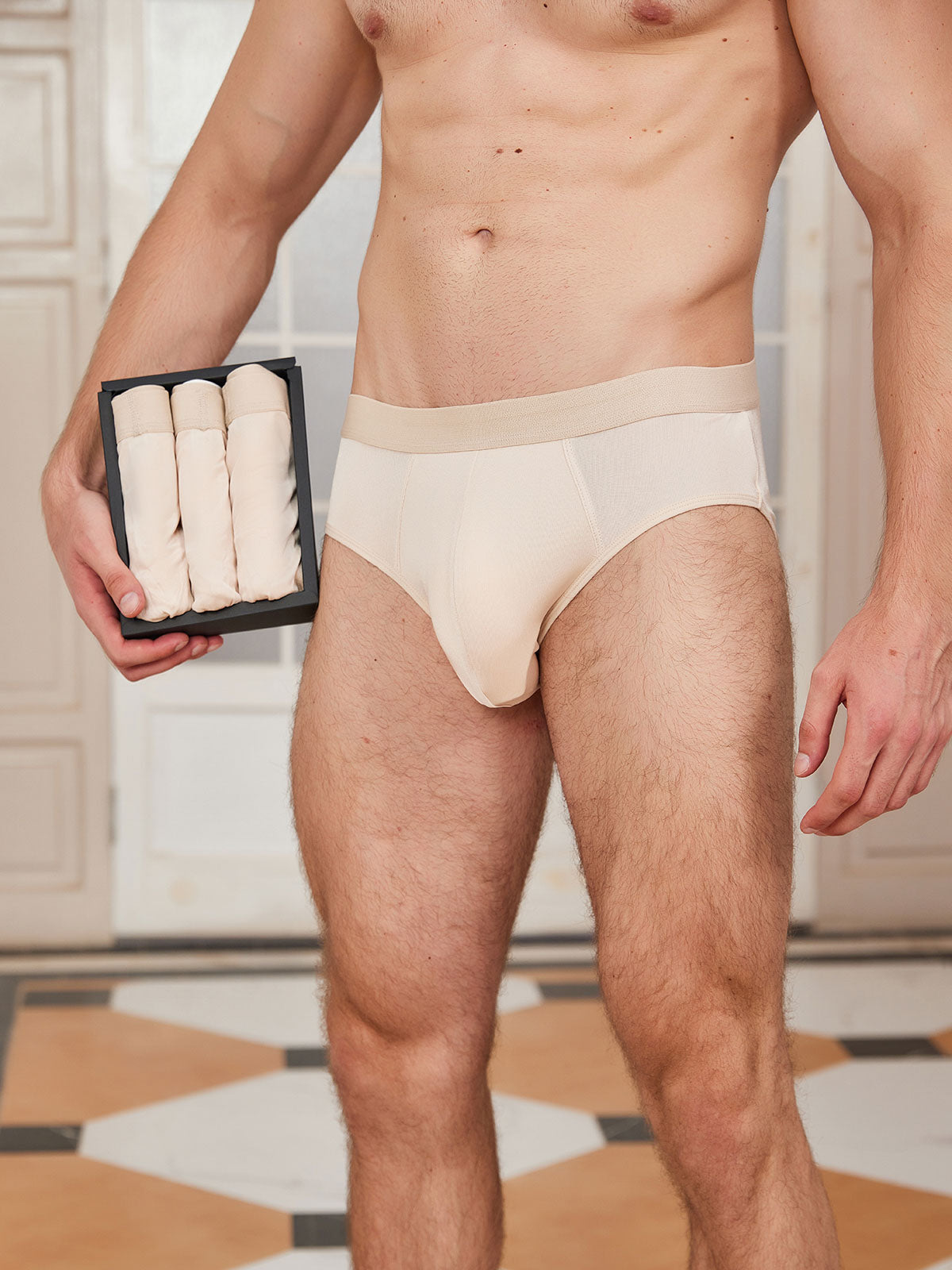 [Beige] SilkSilky-IT Seta pura Mens Underwear 001