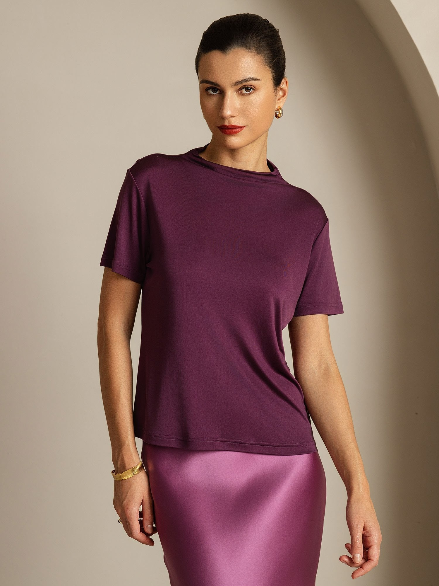 [Viola] SilkSilky-IT Seta pura Colletto risvolto Magliette donna 005