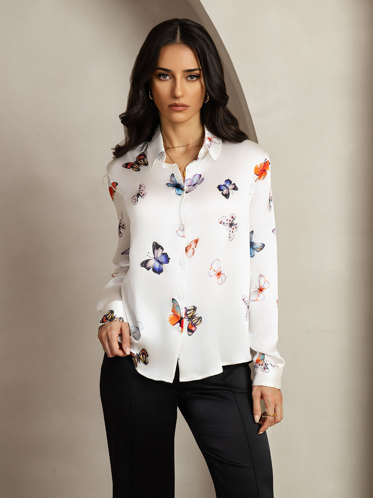 [Farfalla Bianca] SilkSilky-IT Seta Colletto risvolto Camicie da donna 001