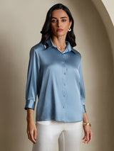 [Blu Grigiastro] SilkSilky-IT 3/4 Sleeve Lapel Collar Camicie da donna 004