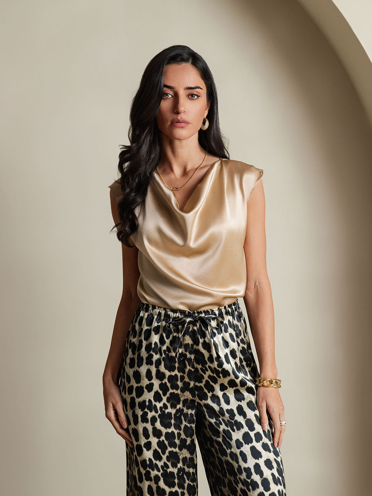 [Champagne] SilkSilky-IT 19Momme Seta Senza maniche Collo drappeggiato Magliette donna 006