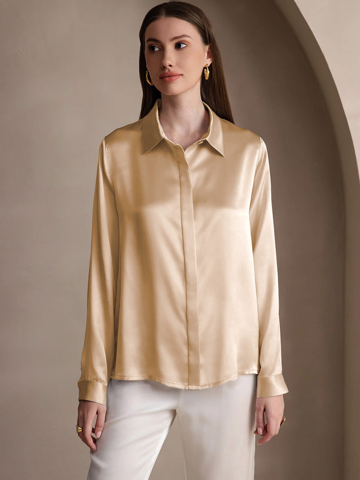 [Champagne] SilkSilky-IT 19Momme Seta Lapel Collar Camicie da donna 004