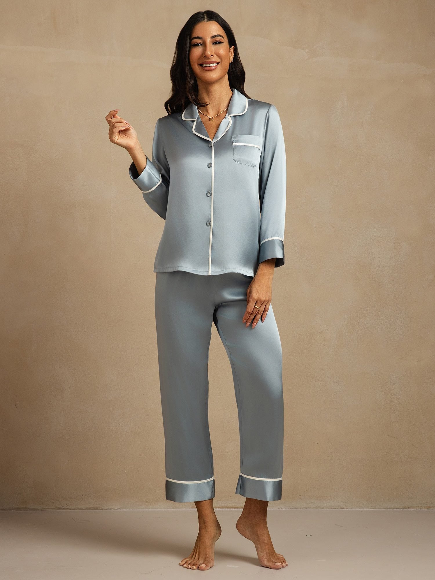 [BluGrigiastro] SilkSilky-IT Seta pura Colletto risvolto Pigiami da donna 007