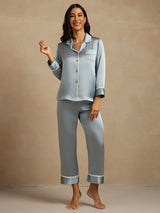 [Blu Grigiastro] SilkSilky-IT Long Sleeve Lapel Collar Pigiami da donna 007