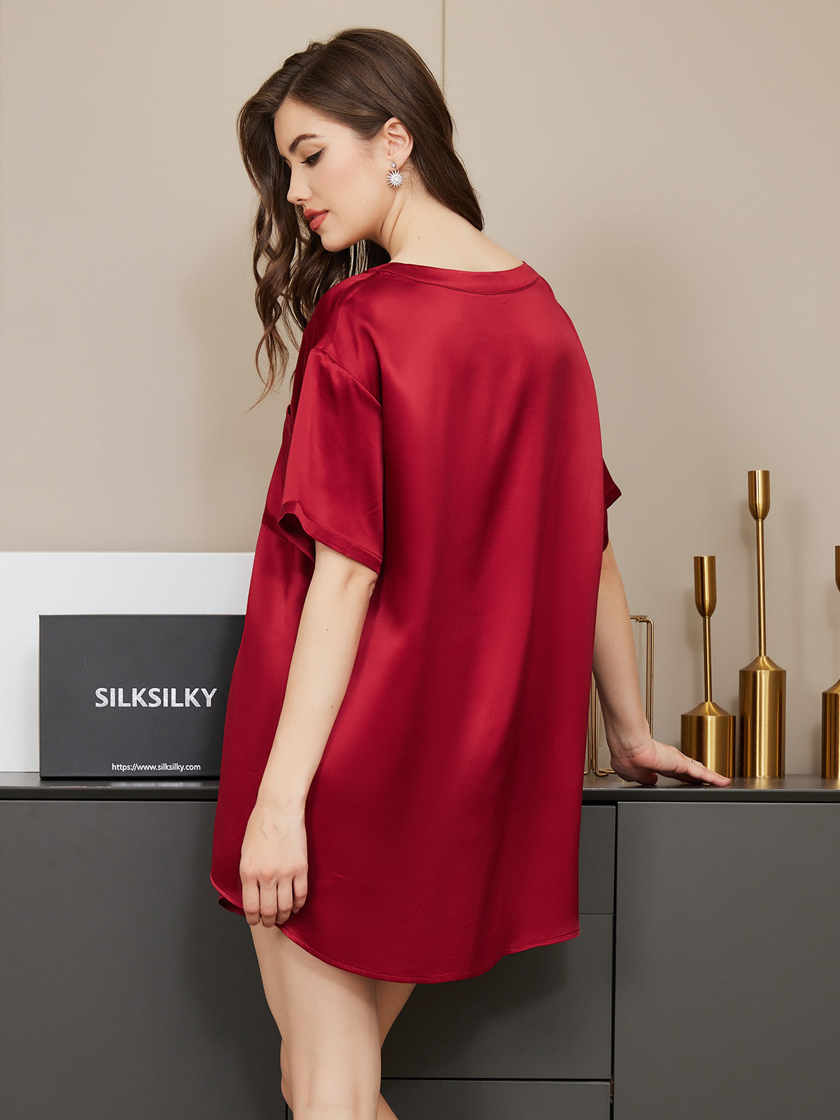 SilkSilky IT Seta pura Maniche Corte Round Neck Pigiami da donna Vino 002