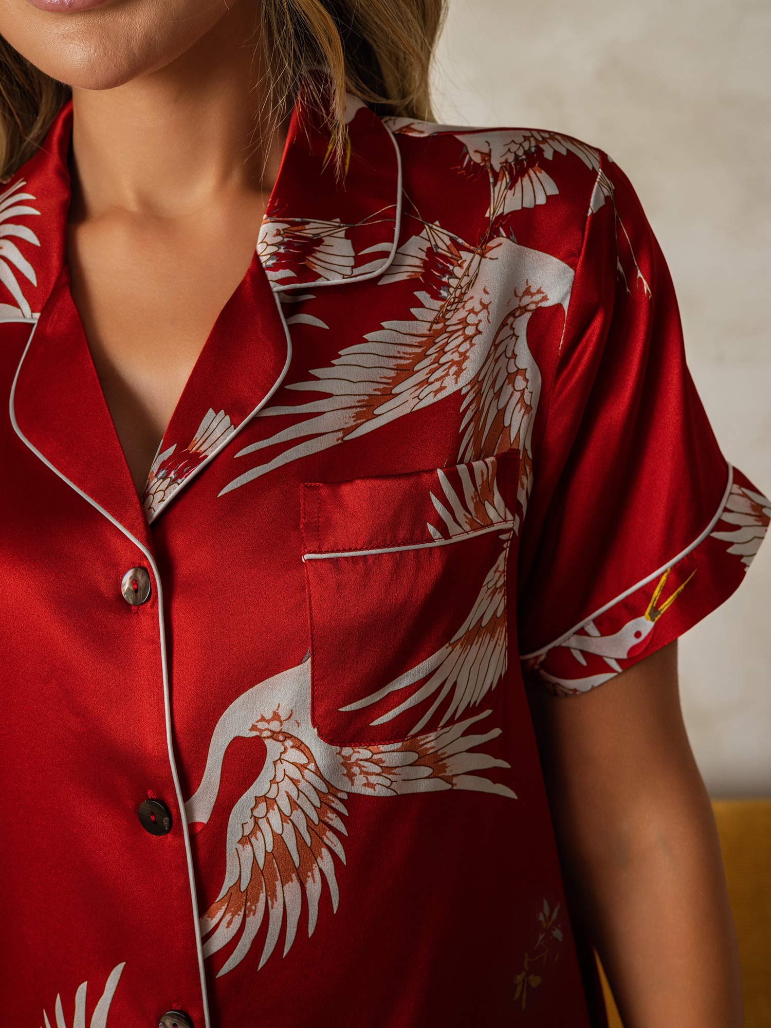 [Rosso Scuro] SilkSilky-IT 19Momme Maniche Corte Womens Pajamas 004