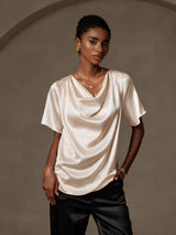 [Beige] SilkSilky-IT Short Sleeve Cowl Neck Bluse 001