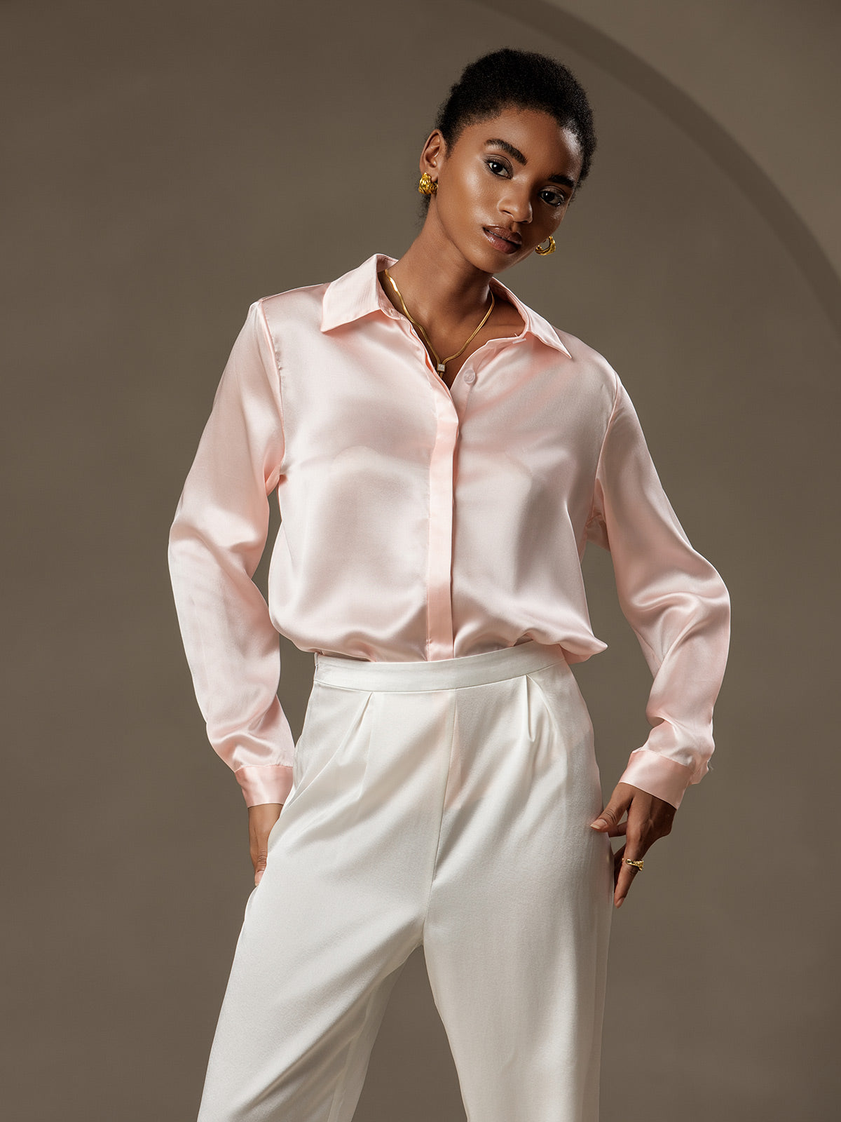 [Rosa] SilkSilky-IT 19Momme Seta Lapel Collar Camicie da donna 004