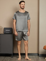 [Grigio Scuro] SilkSilky-IT Seta pura Maniche Corte Round Neck Pigiami da uomo 001
