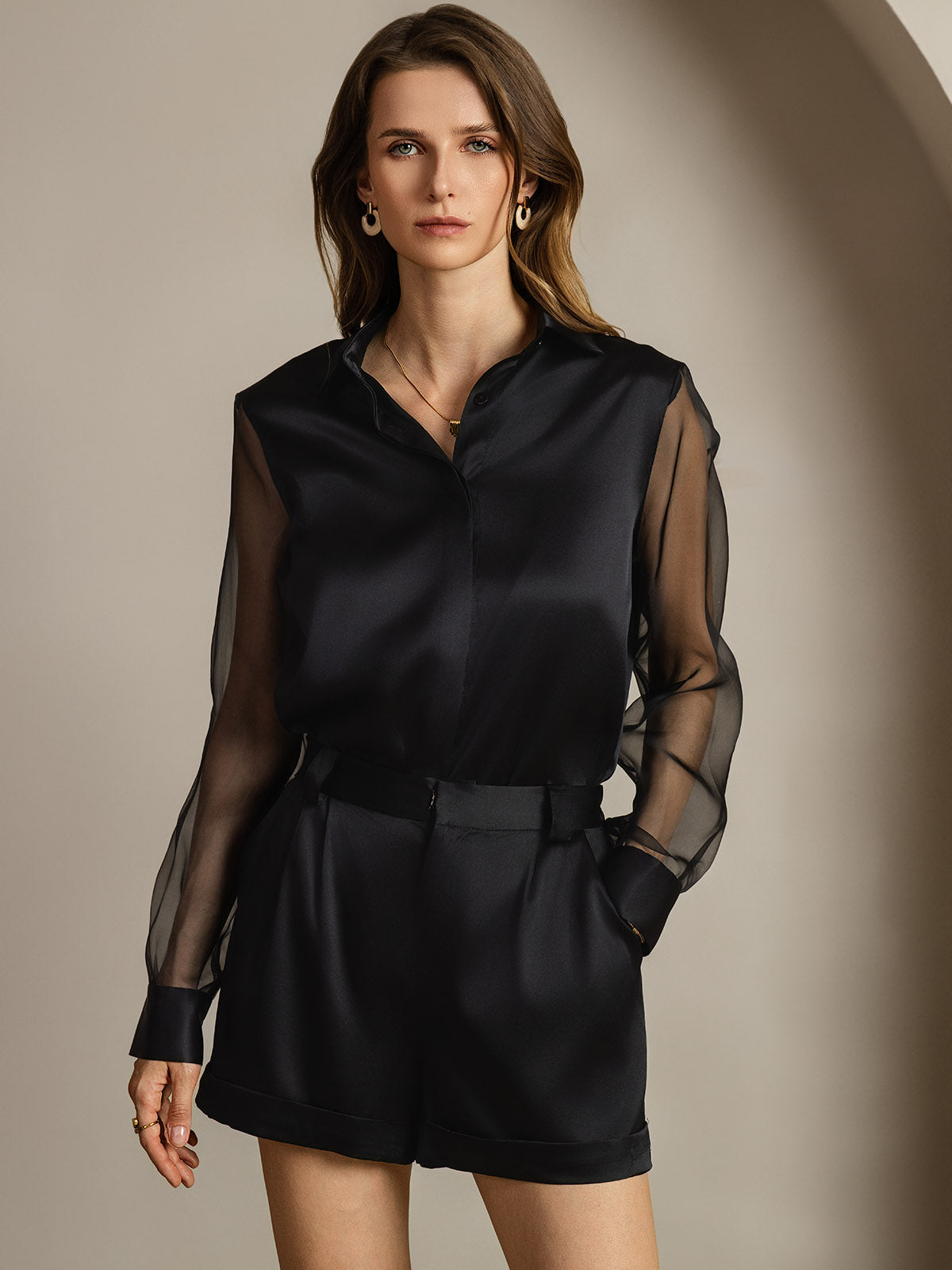 [Nero] SilkSilky-IT 19Momme Seta Colletto risvolto Camicie da donna 005