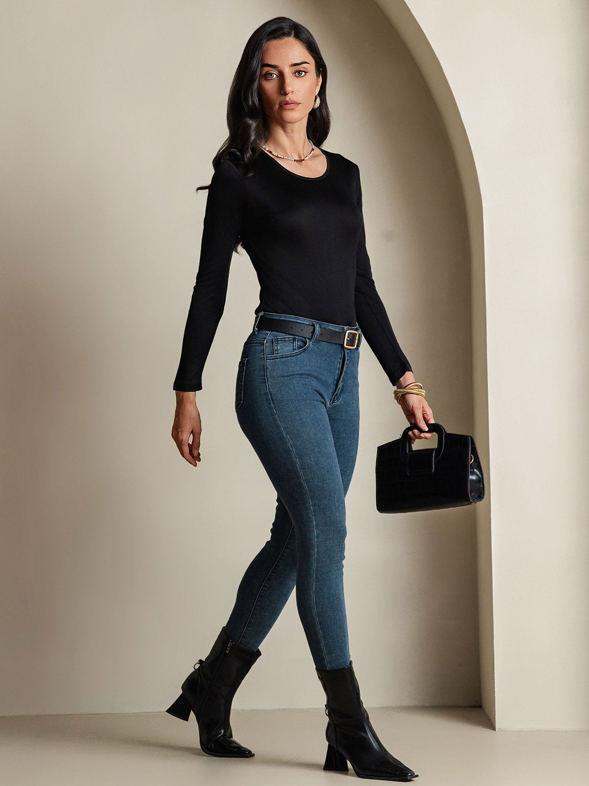 [Nero] SilkSilky-IT Manica lunga Scollo rotondo Magliette donna 008