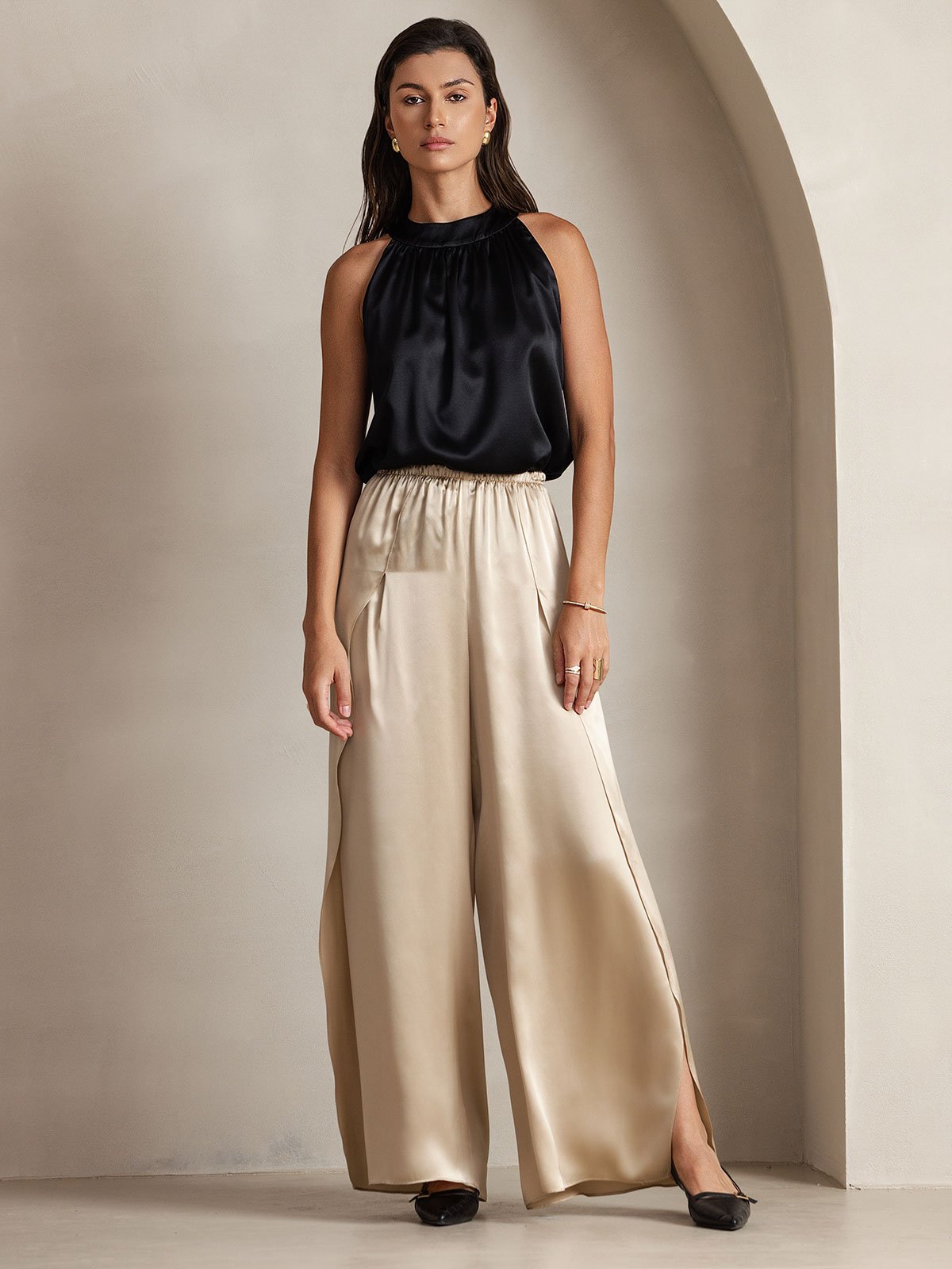 [Nero] SilkSilky-IT 19Momme Seta Senza maniche Womens T-Shirt 006