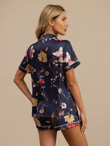 [Floreale Blu Navy] SilkSilky-IT Maniche Corte Collo a Taglio Pigiami da donna 002