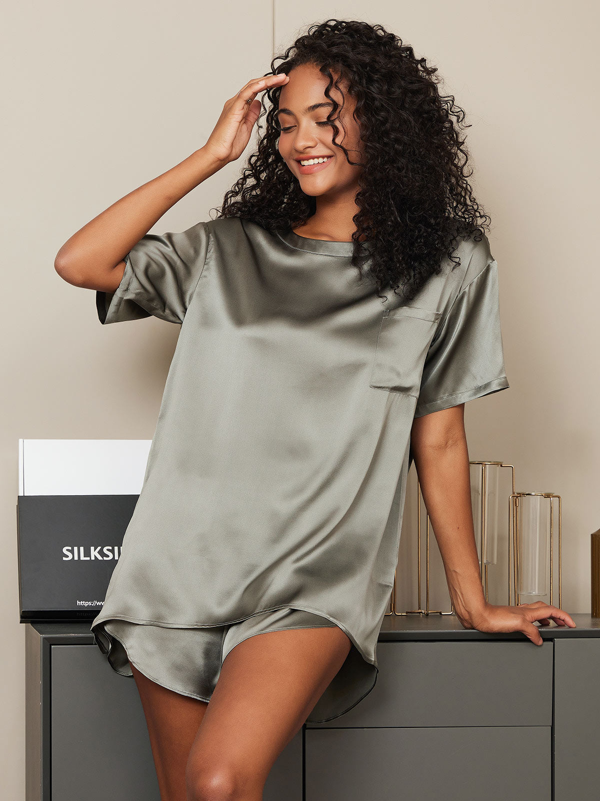[Verde Grigiastro] SilkSilky-IT Seta pura Womens Pajamas 001
