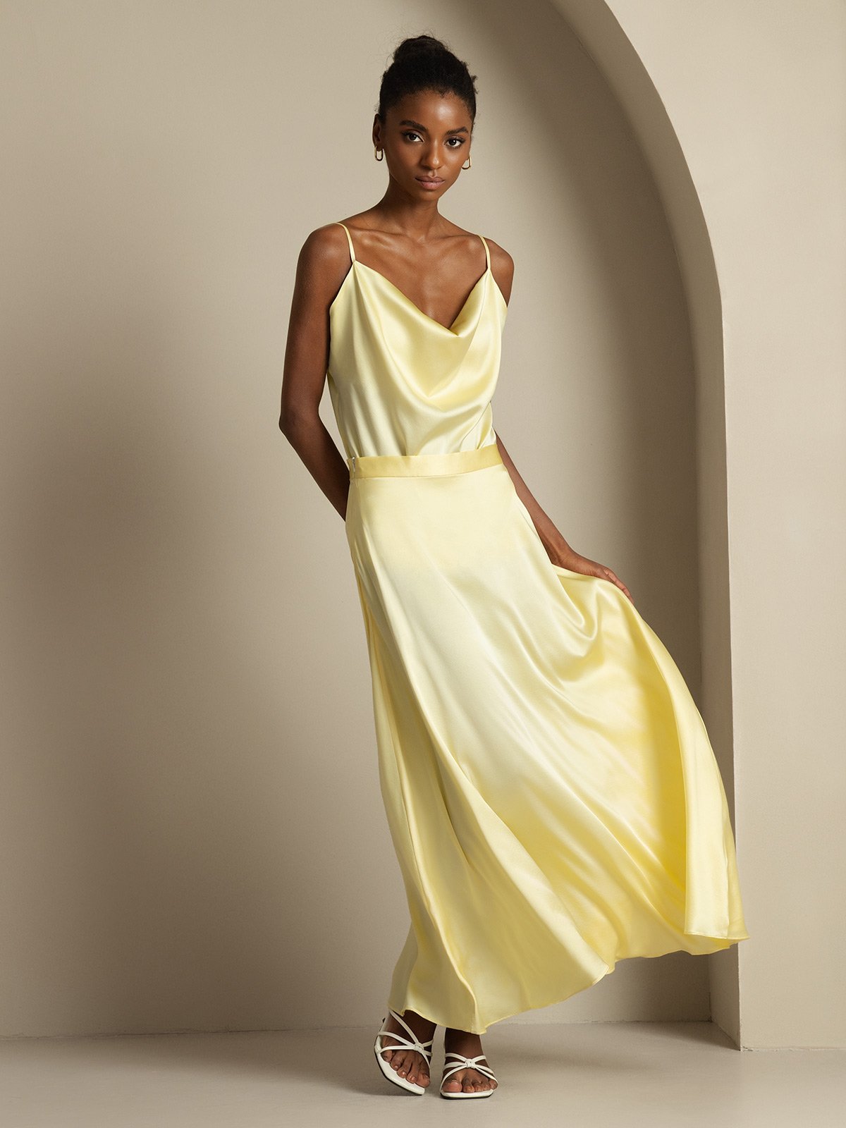 [Giallo Chiaro] SilkSilky-IT 19Momme Seta Collo drappeggiato Women''s Outfit Sets 006,