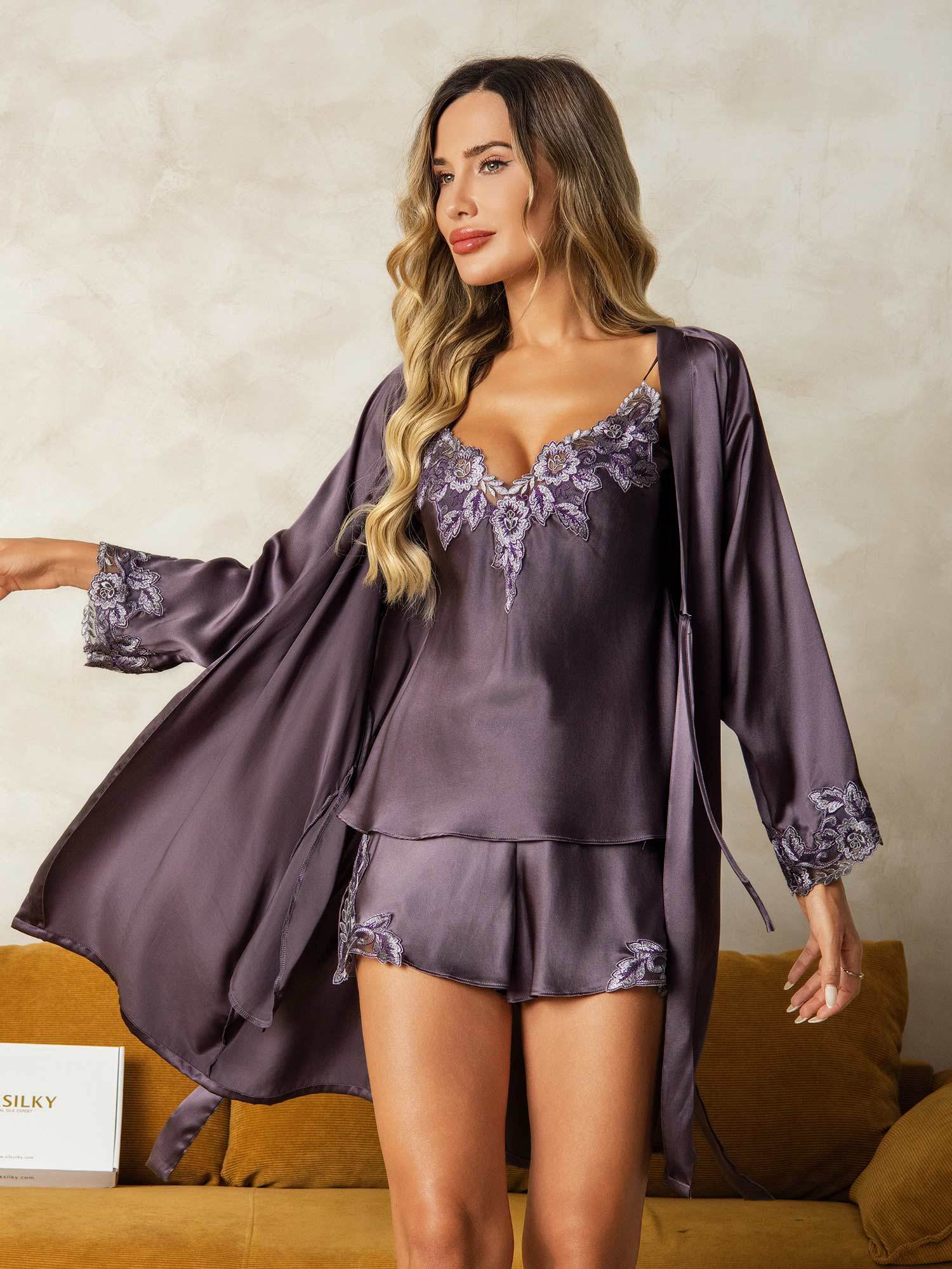 [Grigio Porpora] SilkSilky-IT Seta A tre quarti Womens Pajamas 001