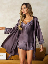 [Grigio Porpora] SilkSilky-IT Seta A tre quarti Womens Pajamas 001