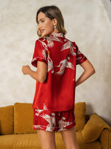 [Rosso Scuro] SilkSilky-IT Short Sleeve Lapel Collar Pigiami da donna 002