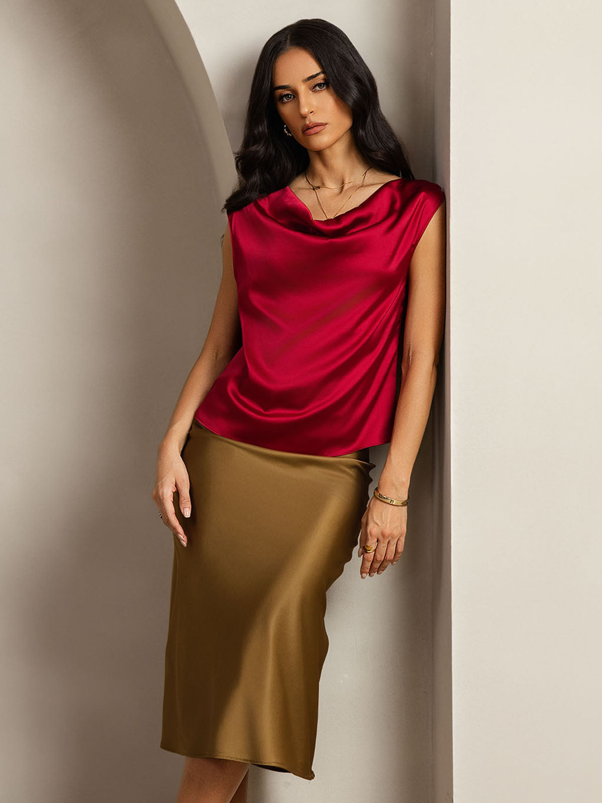 [Vino] SilkSilky-IT 19Momme Seta Collo drappeggiato Magliette donna 004