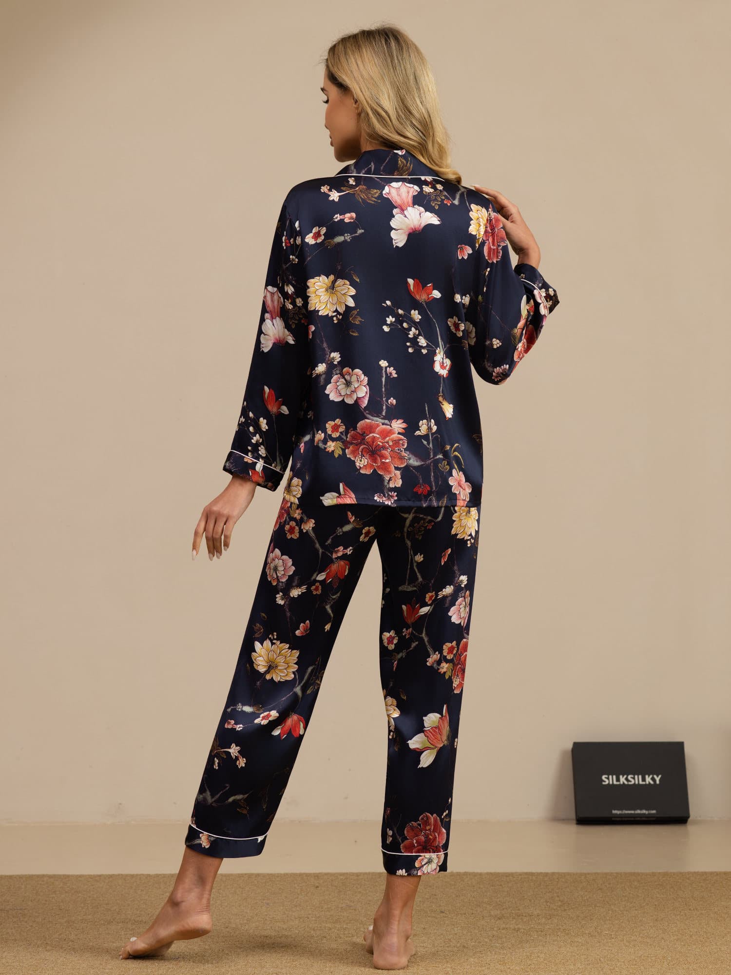 [Floreale Blu Navy] SilkSilky-IT Long Sleeve Lapel Collar Pigiami da donna 002