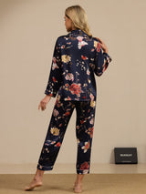 [Floreale Blu Navy] SilkSilky-IT Long Sleeve Lapel Collar Pigiami da donna 002
